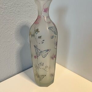 Frosted Glass Vase with Butterfly & Vine Motif Brody Co 215 Signed 9” Tall